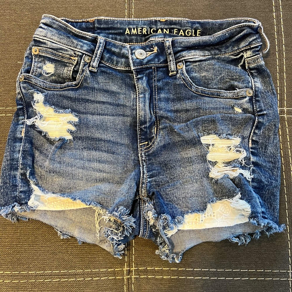 American Eagle Outfitters Blue Distressed High Waist Shorts
